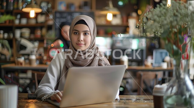 دمج التكنولوجيا الحديثة بالحياة العملية، شابة عربية خليجية سعودية محجبة تجلس في إحدى مقاهي المملكة العربية السعودية، استخدام الأجهزة التقنية في العمل عن بعد، إدارة المهام وتنظيمها باستخدام جهاز الحاسوب، النظر إلى الكاميرا بإيماءات التركيز