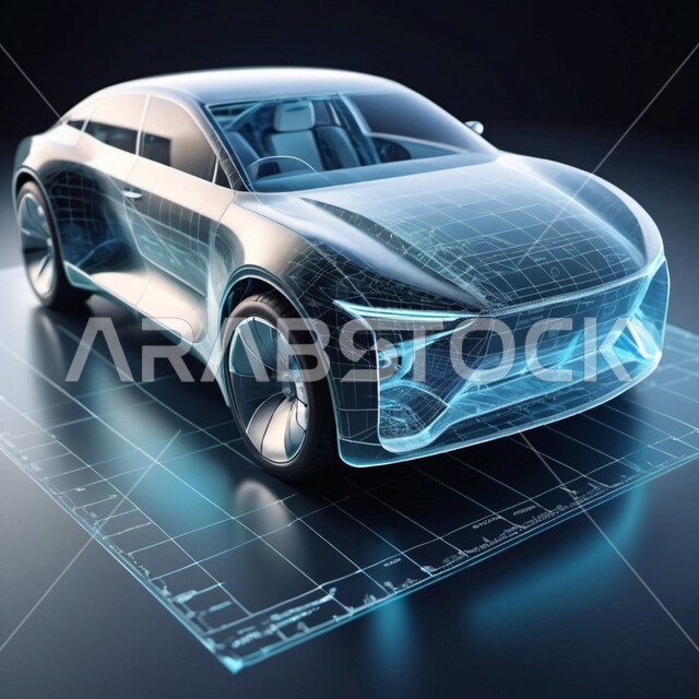 Designs and engineering projects for future plans, moving towards the horizon, innovation and manufacture of advanced cars, Saudi future vision 2030, modern techniques and technology, 3D holographic graphics for the prototype of the car body