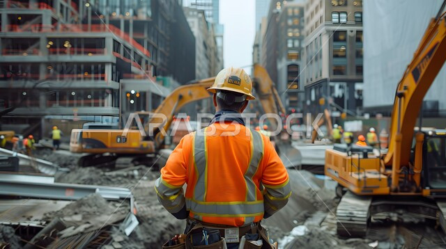 الات الحفر والبناء في مقر الإنشاءات، تطور ونمو القطاع الهندسي في المملكة، الاشراف على المشاريع في موقع العمل، صورة من الخلف لمهندس مدني شاب عربي خليجي سعودي يرتدي سترة وخوذة الحماية، مهن ووظائف هندسية سعودية