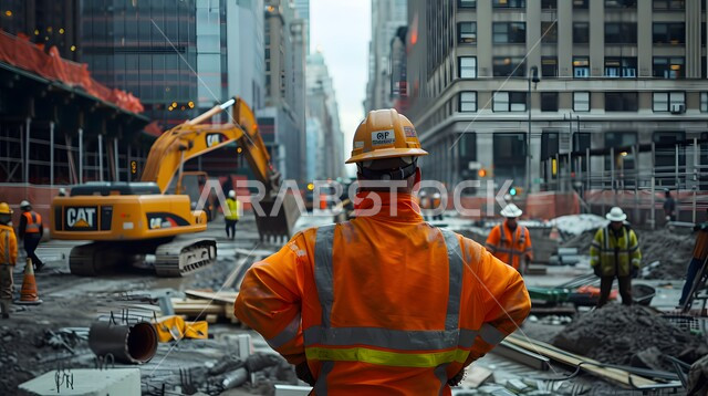 مهن ووظائف هندسية سعودية، الات الحفر والبناء في مقر الإنشاءات، تطور ونمو القطاع الهندسي في المملكة، الاشراف على المشاريع في موقع العمل، صورة من الخلف لمهندس مدني شاب عربي خليجي سعودي يرتدي سترة وخوذة الحماية