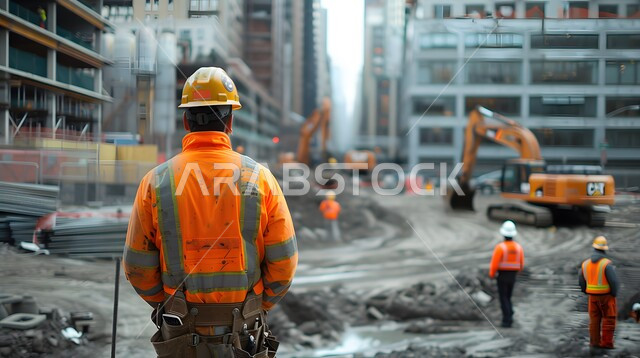 الات الحفر والبناء في مقر الإنشاءات، تطور ونمو القطاع الهندسي في المملكة، الاشراف على المشاريع في موقع العمل، صورة من الخلف لمهندس مدني شاب عربي خليجي سعودي يرتدي سترة وخوذة الحماية، مهن ووظائف هندسية سعودية