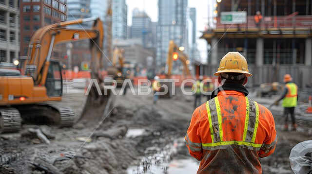 الاشراف على المشاريع في موقع العمل، صورة من الخلف لمهندس مدني شاب عربي خليجي سعودي يرتدي سترة وخوذة الحماية، تطور ونمو القطاع الهندسي في المملكة، مهن ووظائف هندسية سعودية، الات الحفر والبناء في مقر الإنشاءات
