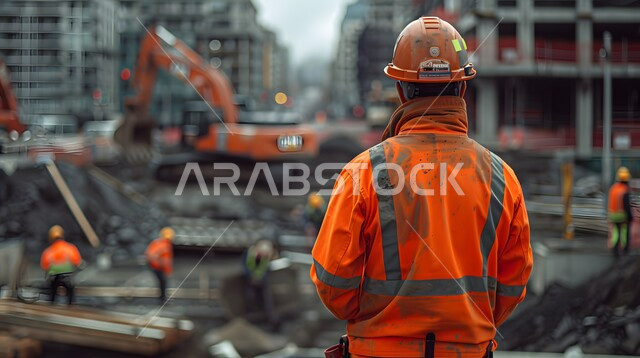 تطور ونمو القطاع الهندسي في المملكة، الاشراف على المشاريع في موقع العمل، صورة من الخلف لمهندس مدني شاب عربي خليجي سعودي يرتدي سترة وخوذة الحماية، مهن ووظائف هندسية سعودية، الات الحفر والبناء في مقر الإنشاءات