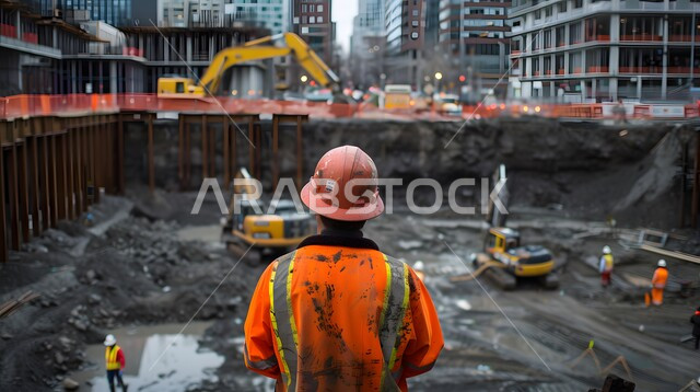 مهن ووظائف هندسية سعودية، الات الحفر والبناء في مقر الإنشاءات، تطور ونمو القطاع الهندسي في المملكة، الاشراف على المشاريع في موقع العمل، صورة من الخلف لمهندس مدني شاب عربي خليجي سعودي يرتدي سترة وخوذة الحماية