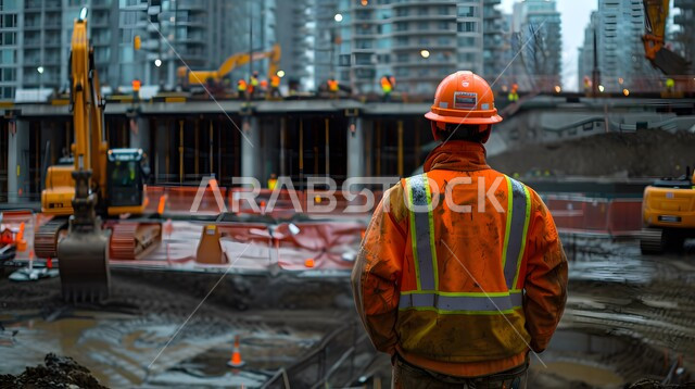 الات الحفر والبناء في مقر الإنشاءات، تطور ونمو القطاع الهندسي في المملكة، الاشراف على المشاريع في موقع العمل، صورة من الخلف لمهندس مدني شاب عربي خليجي سعودي يرتدي سترة وخوذة الحماية، مهن ووظائف هندسية سعودية