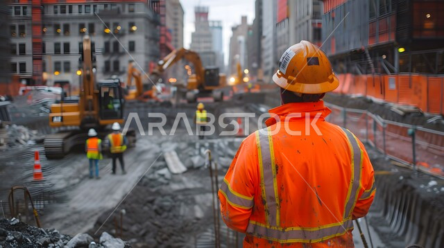 Supervising projects on site, back view of young Saudi Arabian Gulf civil engineer wearing protective jacket and helmet, development and growth of engineering sector in the Kingdom, Saudi engineering professions and jobs, drilling and construction machinery at construction site