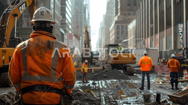 تطور ونمو القطاع الهندسي في المملكة، الاشراف على المشاريع في موقع العمل، صورة من الخلف لمهندس مدني شاب عربي خليجي سعودي يرتدي سترة وخوذة الحماية، مهن ووظائف هندسية سعودية، الات الحفر والبناء في مقر الإنشاءات