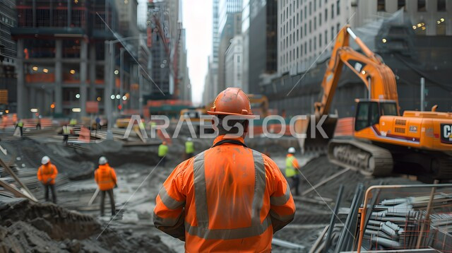 الاشراف على المشاريع في موقع العمل، صورة من الخلف لمهندس مدني شاب عربي خليجي سعودي يرتدي سترة وخوذة الحماية، تطور ونمو القطاع الهندسي في المملكة، مهن ووظائف هندسية سعودية، الات الحفر والبناء في مقر الإنشاءات