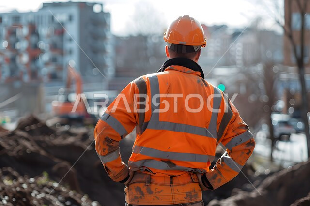 الات الحفر والبناء في مقر الإنشاءات، تطور ونمو القطاع الهندسي في المملكة، الاشراف على المشاريع في موقع العمل، صورة من الخلف لمهندس مدني شاب عربي خليجي سعودي يرتدي سترة وخوذة الحماية، مهن ووظائف هندسية سعودية