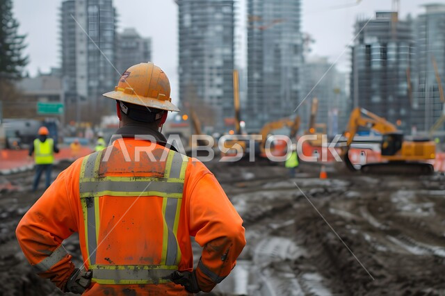 الاشراف على المشاريع في موقع العمل، صورة من الخلف لمهندس مدني شاب عربي خليجي سعودي يرتدي سترة وخوذة الحماية، تطور ونمو القطاع الهندسي في المملكة، مهن ووظائف هندسية سعودية، الات الحفر والبناء في مقر الإنشاءات