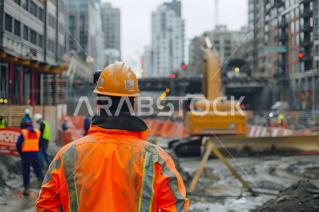 تطور ونمو القطاع الهندسي في المملكة، الاشراف على المشاريع في موقع العمل، صورة من الخلف لمهندس مدني شاب عربي خليجي سعودي يرتدي سترة وخوذة الحماية، مهن ووظائف هندسية سعودية، الات الحفر والبناء في مقر الإنشاءات