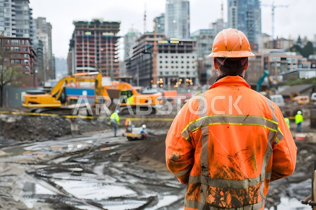 مهن ووظائف هندسية سعودية، الات الحفر والبناء في مقر الإنشاءات، تطور ونمو القطاع الهندسي في المملكة، الاشراف على المشاريع في موقع العمل، صورة من الخلف لمهندس مدني شاب عربي خليجي سعودي يرتدي سترة وخوذة الحماية