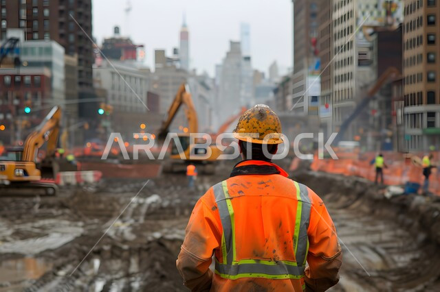 الات الحفر والبناء في مقر الإنشاءات، تطور ونمو القطاع الهندسي في المملكة، الاشراف على المشاريع في موقع العمل، صورة من الخلف لمهندس مدني شاب عربي خليجي سعودي يرتدي سترة وخوذة الحماية، مهن ووظائف هندسية سعودية
