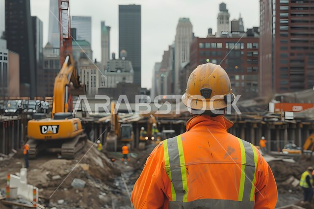 الاشراف على المشاريع في موقع العمل، صورة من الخلف لمهندس مدني شاب عربي خليجي سعودي يرتدي سترة وخوذة الحماية، تطور ونمو القطاع الهندسي في المملكة، مهن ووظائف هندسية سعودية، الات الحفر والبناء في مقر الإنشاءات
