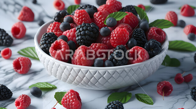 وعاء مليء بقطع الفاكهة الموسمية المتنوعة، محاصيل وثمار وطنية محلية سعودية، وجبات خفيفة باردة منعشة في فصل الصيف، طبق سلطة حبات التوت اللذيذ على طاولة رخامية، فنون تقديم وترتيب الأطباق