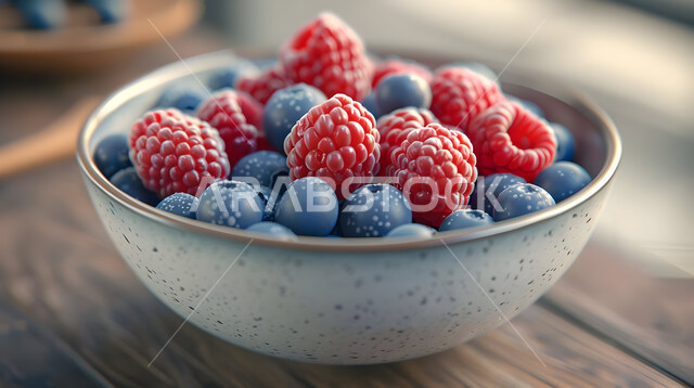 محاصيل وثمار وطنية محلية سعودية، وجبات خفيفة باردة منعشة في فصل الصيف، طبق سلطة حبات التوت اللذيذ على طاولة خشبية، فنون تقديم وترتيب الأطباق، وعاء مليء بقطع الفاكهة الموسمية المتنوعة