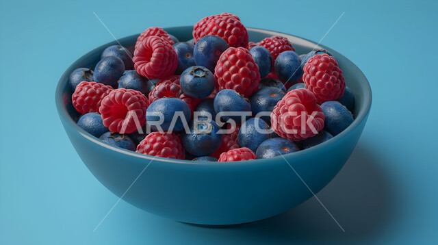 وجبات خفيفة باردة منعشة في فصل الصيف، طبق سلطة حبات التوت اللذيذ، فنون تقديم وترتيب الأطباق، وعاء مليء بقطع الفاكهة الموسمية المتنوعة، محاصيل وثمار وطنية محلية سعودية، خلفية زرقاء