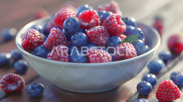 محاصيل وثمار وطنية محلية سعودية، وجبات خفيفة باردة منعشة في فصل الصيف، طبق سلطة حبات التوت اللذيذ على طاولة خشبية، فنون تقديم وترتيب الأطباق، وعاء مليء بقطع الفاكهة الموسمية المتنوعة