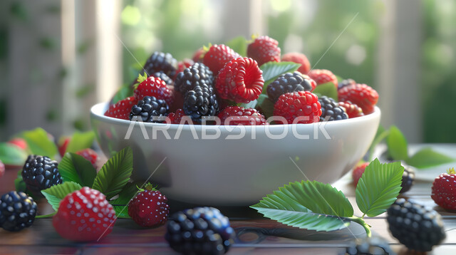 وعاء مليء بقطع الفاكهة الموسمية المتنوعة، محاصيل وثمار وطنية محلية سعودية، وجبات خفيفة باردة منعشة في فصل الصيف، طبق سلطة حبات التوت اللذيذ، فنون تقديم وترتيب الأطباق