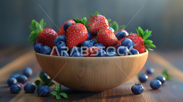 فنون تقديم وترتيب الأطباق، وعاء مليء بقطع الفاكهة الموسمية المتنوعة، محاصيل وثمار وطنية محلية سعودية، وجبات خفيفة باردة منعشة في فصل الصيف، طبق سلطة حبات التوت اللذيذ