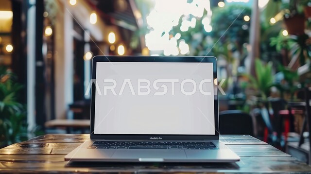 استخدام التقنيات المتطورة، صورة مقربة لجهاز الحاسوب المحمول على طاولة خشبية في شرفة إحدى المقاهي، عرض شاشه بيضاء فارغة على اللابتوب, دور التكنولوجيا الحديثة في توفير راحة أكبر للأفراد, مفهوم الاستفادة من أوقات الفراغ في تنمية المهارات الذهنيه