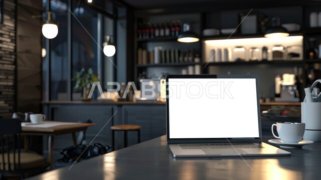 The concept of utilizing free time to develop mental skills, using advanced technologies, a close-up image of a laptop on a wooden table in a café, a blank white screen on a laptop, the role of modern technology in providing greater comfort for individuals