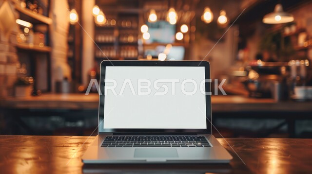 مفهوم الاستفادة من أوقات الفراغ في تنمية المهارات الذهنيه، استخدام التقنيات المتطورة، صورة مقربة لجهاز الحاسوب المحمول على طاولة خشبية في إحدى المقاهي، عرض شاشه بيضاء فارغة على اللابتوب, دور التكنولوجيا الحديثة في توفير راحة أكبر للأفراد