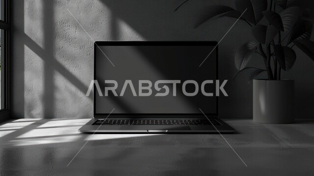 دور التكنولوجيا الحديثة في تسهيل العمل عن بعد، مفهوم الاستفادة من أوقات الفراغ في تنمية المهارات الذهنيه، استخدام التقنيات المتطورة، صورة بالابيض والاسود لجهاز الحاسوب المحمول على طاولة مكتبية، عرض شاشه سوداء فارغة على اللابتوب