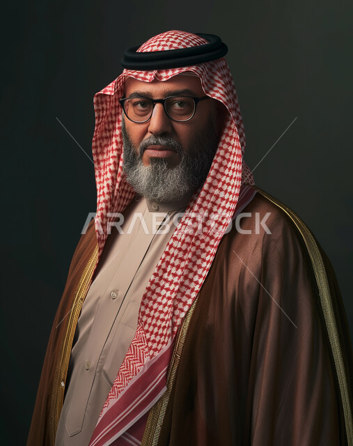 مفهوم الأناقة والرجولة، الاهتمام بالمظهر الخارجي, بورتريه لرجل عربي خليجي سعودي أنيق يرتدي الزي التقليدي والبشت والنظارة الطبية ينظر إلى الكاميرا بإيماءات الثقة بالنفس, خلفية سوداء