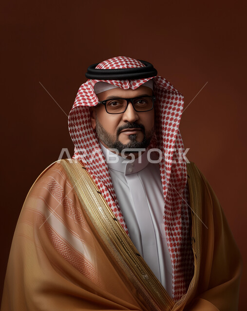 النظر إلى الكاميرا بإيماءات الثقة بالنفس, مفهوم الأناقة والرجولة، الاهتمام بالمظهر الخارجي, بورتريه لرجل عربي خليجي سعودي أنيق يرتدي الزي التقليدي والبشت والنظارة الطبية، خلفية بنية