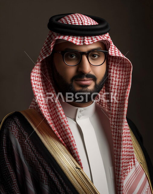 مفهوم الأناقة والرجولة، الاهتمام بالمظهر الخارجي, بورتريه لرجل عربي خليجي سعودي أنيق يرتدي الزي التقليدي والبشت والنظارة الطبية ينظر إلى الكاميرا بإيماءات الثقة بالنفس, خلفية سوداء
