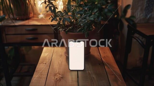 عرض شاشه بيضاء فارغة على الهاتف المحمول، دور التكنولوجيا الحديثة في تسهيل العمل عن بعد، استخدام التقنيات المتطورة لإنجاز المهام اليومية، صورة مقربة للموبايل على طاولة خشبية، استخدام الجوال في التواصل مع الأهل والأصدقاء