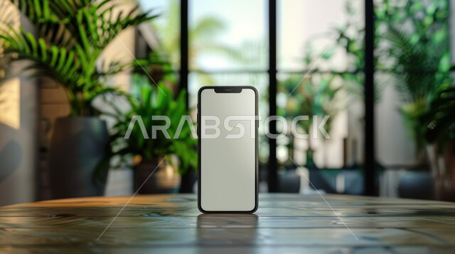 دور التكنولوجيا الحديثة في تسهيل العمل عن بعد، عرض شاشه بيضاء فارغة على الهاتف المحمول، استخدام التقنيات المتطورة لإنجاز المهام اليومية، صورة مقربة للموبايل على طاولة خشبية، استخدام الجوال في التواصل مع الأهل والأصدقاء