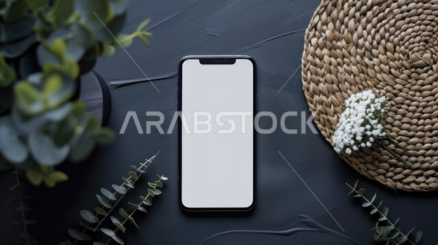 استخدام التقنيات المتطورة لإنجاز المهام اليومية، دور التكنولوجيا الحديثة في تسهيل العمل عن بعد، عرض شاشه بيضاء فارغة على الهاتف المحمول، صورة مقربة للموبايل على طاولة خشبية، استخدام الجوال في التواصل مع الأهل والأصدقاء