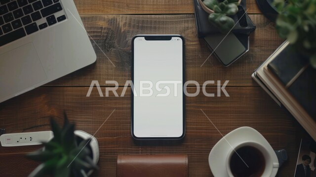 استخدام الجوال في التواصل مع الأهل والأصدقاء، استخدام التقنيات المتطورة لإنجاز المهام اليومية، دور التكنولوجيا الحديثة في تسهيل العمل عن بعد، عرض شاشه بيضاء فارغة على الهاتف المحمول، صورة مقربة للموبايل على طاولة خشبية