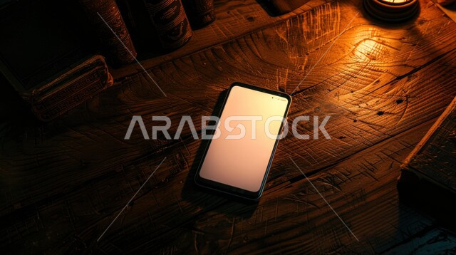 دور التكنولوجيا الحديثة في تسهيل العمل عن بعد، عرض شاشه بيضاء فارغة على الهاتف المحمول، استخدام التقنيات المتطورة لإنجاز المهام اليومية، صورة مقربة للموبايل على طاولة خشبية، استخدام الجوال في التواصل مع الأهل والأصدقاء