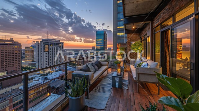 شرفة منزل بديكورات أنيقة مطلة على الأبراج، الفن الهندسي المعماري للشقق والمنازل في المملكة العربية السعودية، الاهتمام بزراعة الصباريات ونباتات الزينة، أثاث بسيط ومريح، منظر السماء المليئة بالغيوم في وقت الغروب