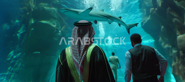 الثروة السمكية والنباتية المائية، محمية طبيعية بحرية، صورة من الخلف لرجل عربي خليجي سعودي يقوم بزيارة سي وورد في المملكة العربية السعودية، المعالم والأماكن الترفيهية السياحية