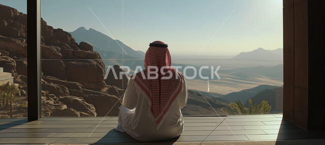 الاستمتاع بمشاهدة المناظر الطبيعية، الأجواء الهادئة في صحراء المملكة العربية السعودية، صورة من الخلف لرجل عربي خليجي سعودي يرتدي الزي التقليدي يقوم بممارسة اليوغا، قضاء الوقت بتأمل التكوينات الجبلية