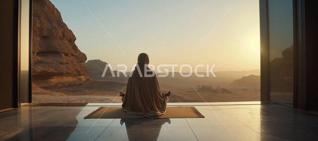 قضاء الوقت بتأمل التكوينات والتشكيلات الجبلية، الاستمتاع بمشاهدة المناظر الطبيعية، الأجواء الهادئة في صحراء المملكة العربية السعودية، صورة من الخلف لامرأة عربية خليجية سعودية محجبة تقوم بممارسة اليوغا