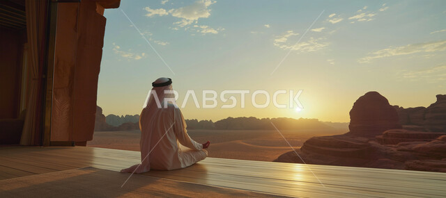 الأجواء الهادئة في صحراء المملكة العربية السعودية، صورة من الخلف لرجل عربي خليجي اماراتي يرتدي الزي التقليدي يقوم بممارسة اليوغا، قضاء الوقت بتأمل التكوينات والتشكيلات الجبلية، الاستمتاع بمشاهدة المناظر الطبيعية