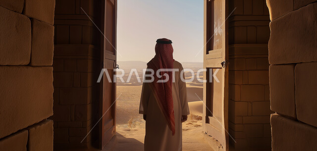 مبنى تاريخي قديم في المملكة العربية السعودية، التلال والكثبان الرملية الناعمة في الصحراء، المناطق الصحراوية السياحية، صورة من الخلف لرجل عربي خليجي سعودي يرتدي الزي التقليدي يسير عبر بوابة خشبية