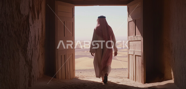 مبنى تاريخي قديم في المملكة العربية السعودية، التلال والكثبان الرملية الناعمة في الصحراء، المناطق الصحراوية السياحية، صورة من الخلف لرجل عربي خليجي سعودي يرتدي الزي التقليدي يسير عبر بوابة خشبية