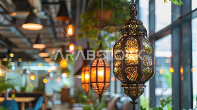  فوانيس و تحف اسلامية تقليدية للاحتفال بقدوم شهر الخير، ديكورات وأنوار في الأجواء الرمضانية الروحانية، فانوس عربي معدني مزخرف مضيء معلق، إضاءة وزينة شهر رمضان المبارك، الفن الاسلامي للتحف والاكسسوارات