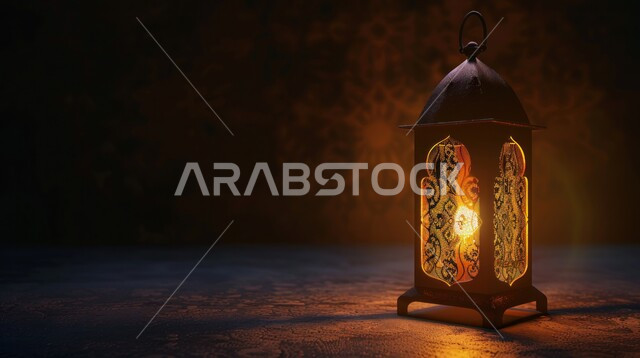 Arab customs and traditions in decorations for holidays and religious occasions, lanterns, antiques and traditional decorations to celebrate the advent of the holy month of Ramadan, a decorative metal Arabic lantern with a lit candle on the ground, a Ramadan and Islamic spiritual atmosphere