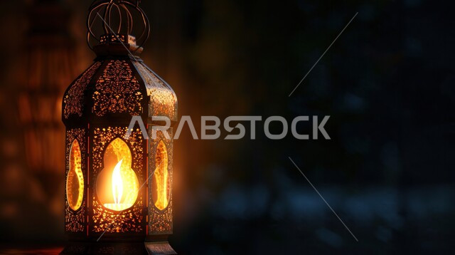 فوانيس وتحف وديكورات تقليدية للاحتفال بقدوم شهر رمضان المبارك، فانوس عربي معدني مزخرف مع شمعة مضيئة على الأرض، العادات والتقاليد العربية في زينة الأعياد والمناسبات الدينية، أجواء رمضانية وروحانية إسلامية