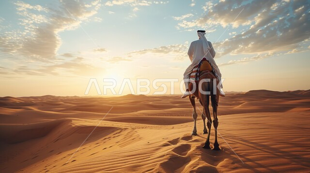 وسائل مواصلات قديمة ,مفهوم السفر على حيوان الابل, صورة من الخلف لرجل عربي خليجي سعودي يمتطي الجمل في المناطق الصحراوية على الرمال الذهبية الناعمة وقت غروب الشمس في المملكة العربيه السعودية, خلفية الطبيعه الرملية