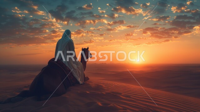 مفهوم السفر على حيوان الابل, صورة من الخلف لرجل عربي خليجي سعودي يجلس على الجمل في المناطق الصحراوية على الرمال الذهبية الناعمة وقت غروب الشمس في المملكة العربيه السعودية, وسائل مواصلات قديمة ,خلفية الطبيعه الرملية