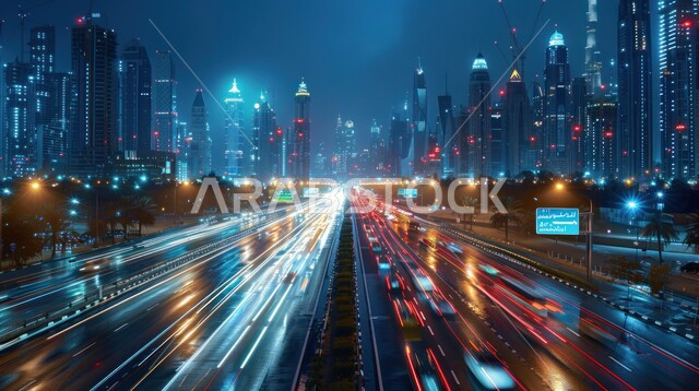 التطور والنمو العمراني المتقدم للأبراج وناطحات السحاب، معالم المملكة العربية المتحدة، الفن الهندسي المعماري على الطراز الحديث للأماكن السياحيه المشهورة, خلفية السماء 