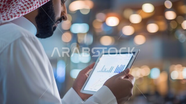  التواصل مع الاهل و الاقارب, استخدام الأجهزة والتقنيات الحديثة لتسهيل الأعمال, صورة من الخلف لرجل أعمال عربي سعودي خليجي يرتدي الشماغ والثوب التقليدي يجلس في مكتبه ويستخدم جهاز التابلت بتعابير السرور, إجراء مقابلات عمل أونلاين, مهن ووظائف سعودية مكتبية